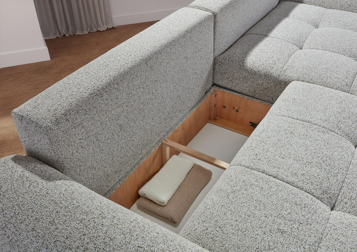 Ecksofa mit Funktion Greige Flachgewebe Zierkissen, Rückenkissen, Bettkasten, Schlaffunktion, Rücken echt, Liegefläche im Originalstoff  - Greige/Schwarz, KONVENTIONELL, Kunststoff/Textil (277/190cm) - Carryhome