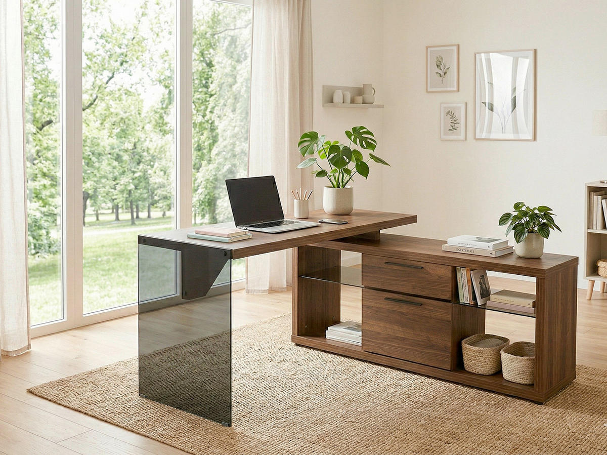 ECKSCHREIBTISCH 141,8/140/74 cm Walnussfarben Stauraum, seitenverkehrt montierbar  - Walnussfarben/Schwarz, Design, Glas/Holzwerkstoff (141,8/140/74cm) - MID.YOU