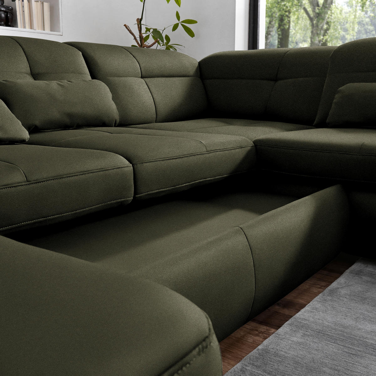 WOHNLANDSCHAFT  in Mikrofaser Olivgrün  - Chromfarben/Olivgrün, Design, Textil (195/371/260cm) - Beldomo Style