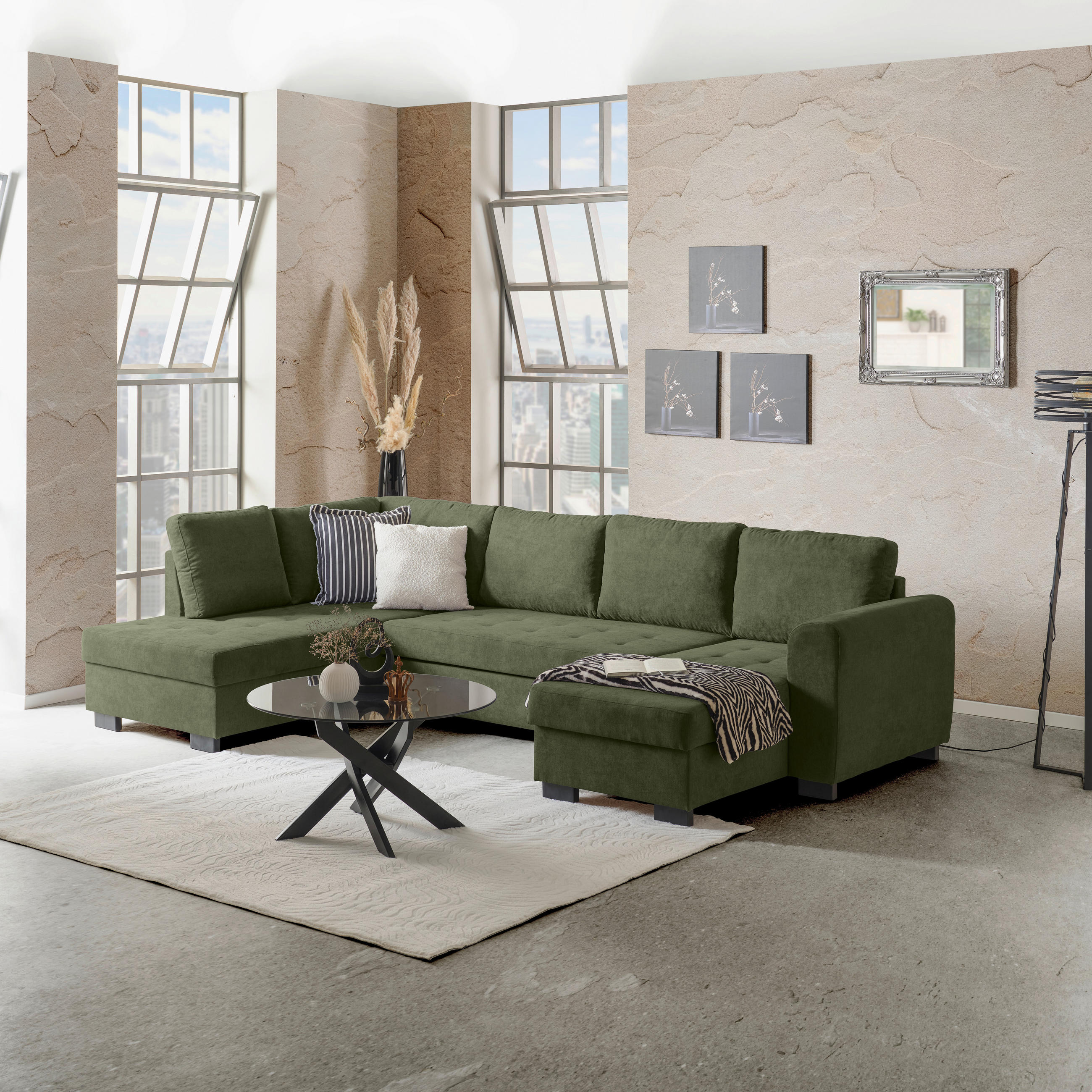 WOHNLANDSCHAFT Grün Mikrofaser  - Schwarz/Grau, MODERN, Kunststoff/Textil (178/305/155cm) - P & B