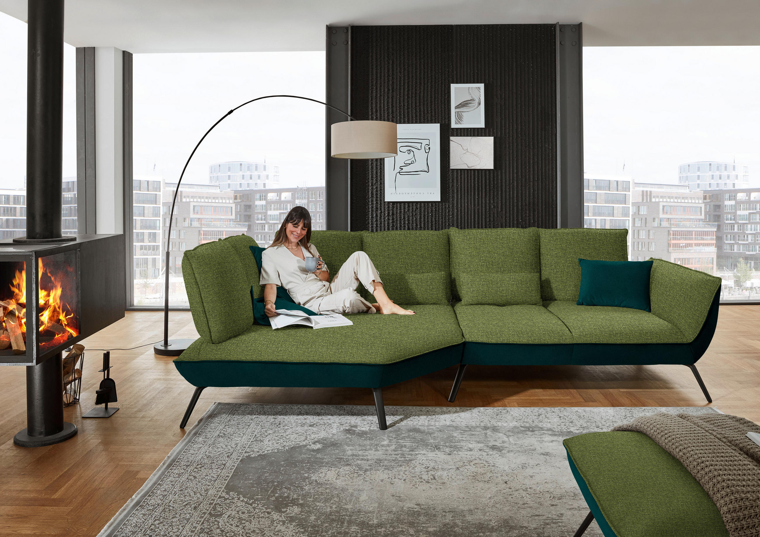 ECKSOFA in Flachgewebe Grün  - Schwarz/Grün, Design, Textil/Metall (169/320cm) - Moderano
