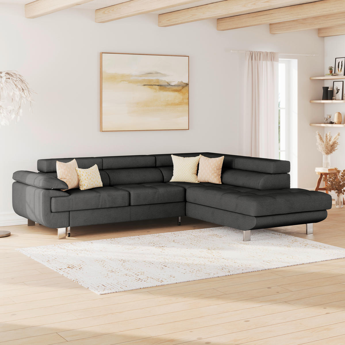 HÖRNSOFFA i dräll svart  - svart, Modern, metall/textil (270/230cm) - MID.YOU