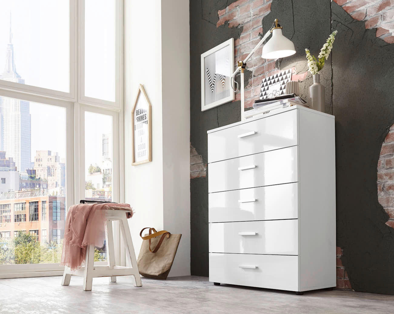 KOMMODE Marbella Typ 6  in 65/91/32 cm  - Weiß Hochglanz/Schwarz, MODERN, Holzwerkstoff/Kunststoff (65/91/32cm) - MID.YOU