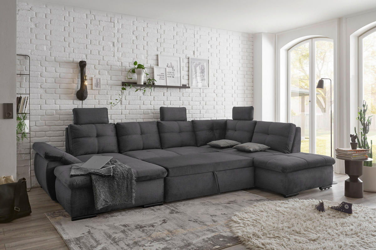 WOHNLANDSCHAFT Grau Mikrovelours  - Schwarz/Grau, KONVENTIONELL, Kunststoff/Textil (127/334/217cm) - Carryhome