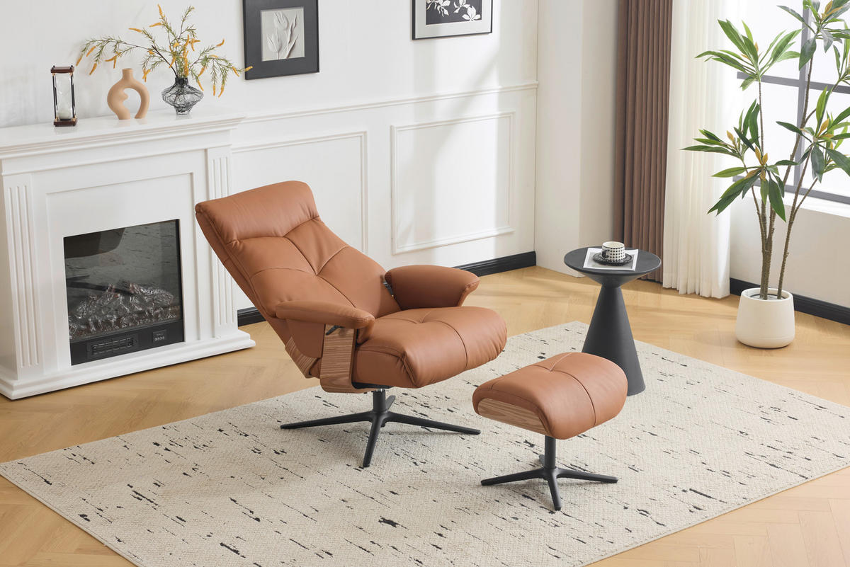 RELAXFÅTÖLJ SET i trä, textil, läder brun  - brun/svart, Design, metall/läder (78/111/81cm) - Livetastic