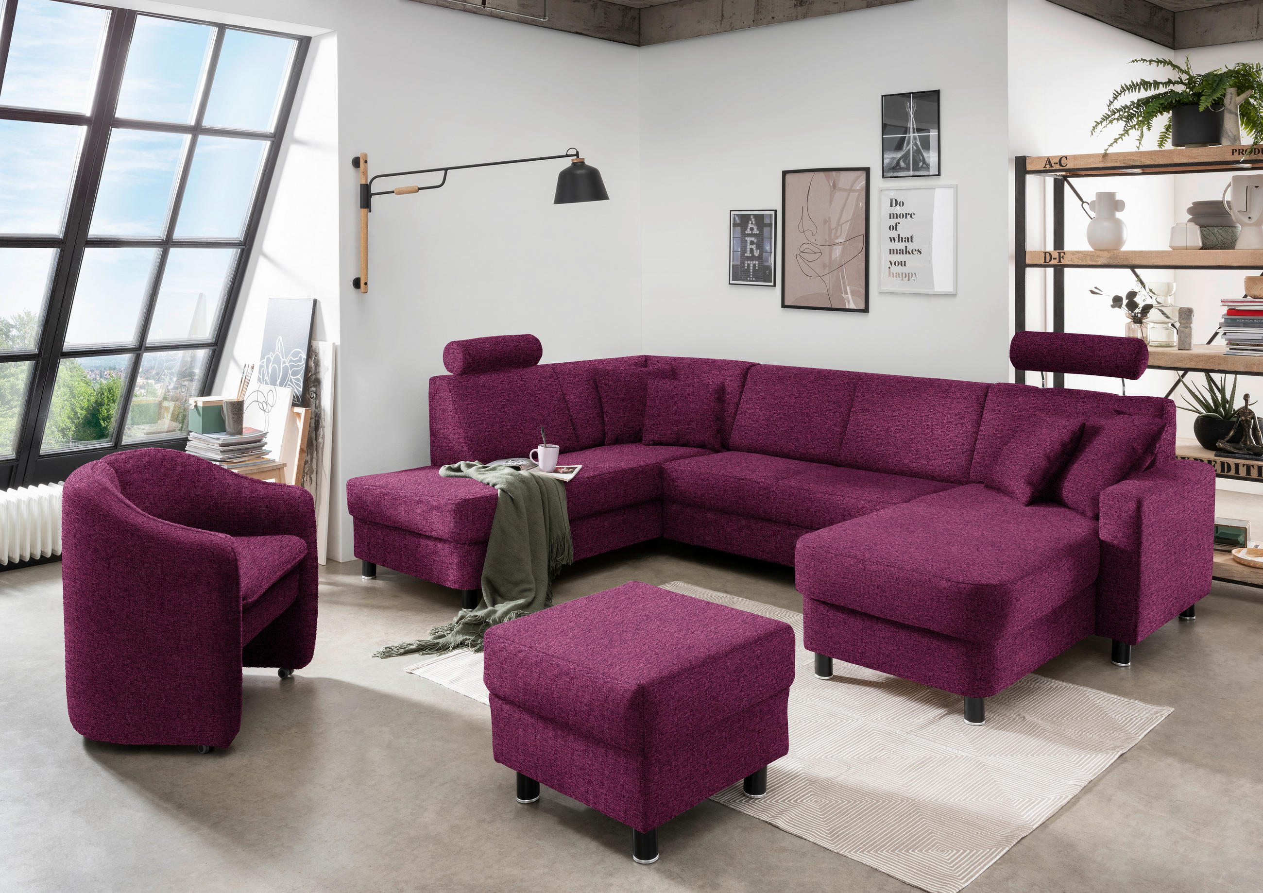 WOHNLANDSCHAFT in Webstoff Lila  - Lila/Schwarz, Design, Holz/Textil (198/296/165cm) - Xora