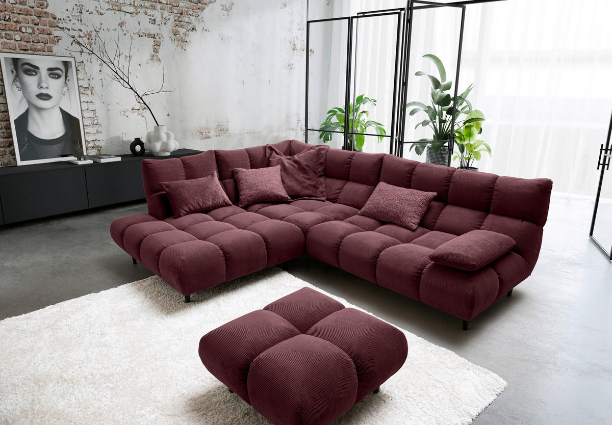 ECKSOFA Ottomane links, Eckteil  Bordeaux Feincord  - Bordeaux/Schwarz, Design, Holz/Textil (215/288cm) - Pure Home Lifestyle