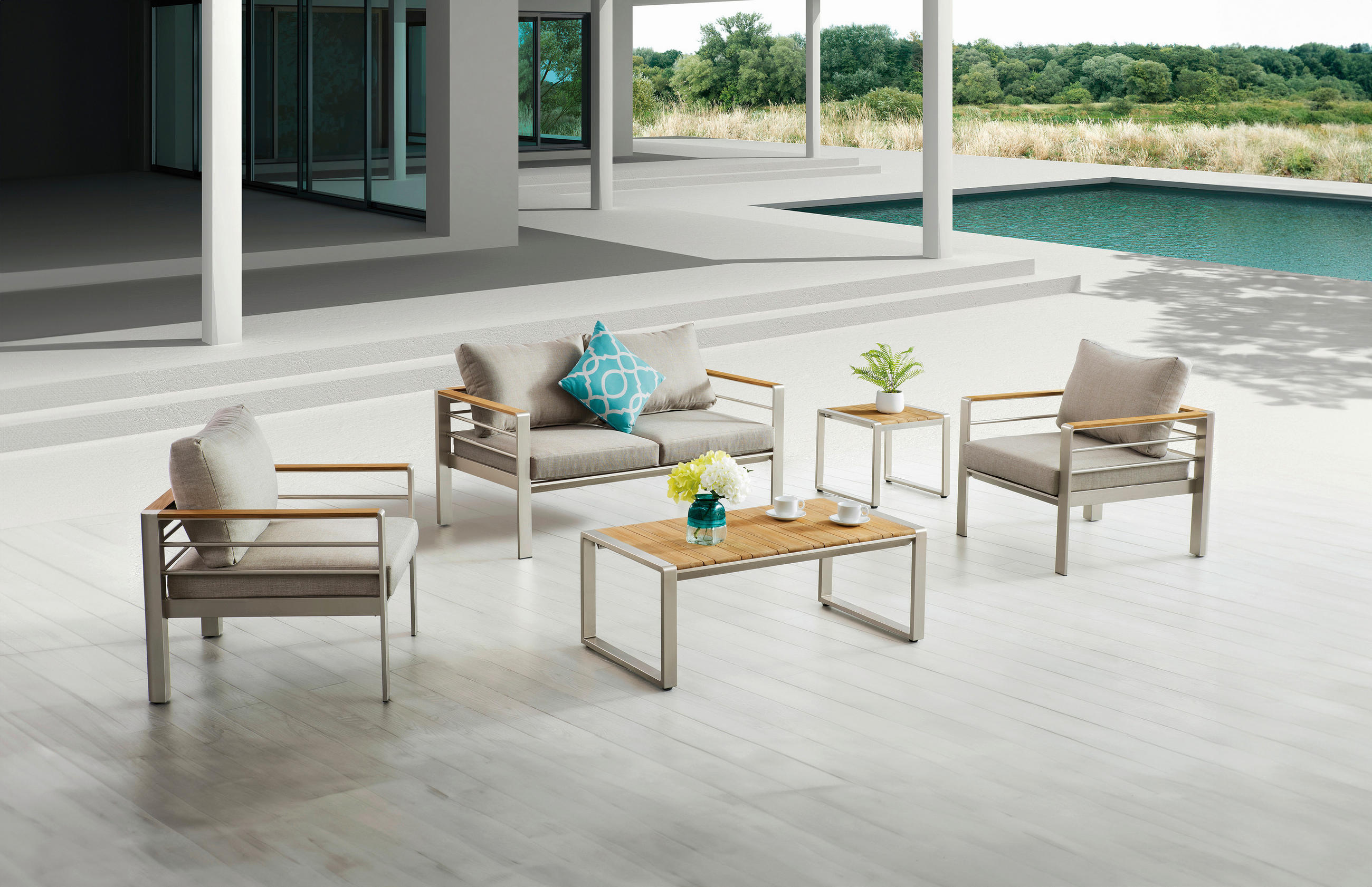 LOUNGEGARNITUR 4-teilig   Aluminium  - Champagner/Silberfarben, MODERN, Kunststoff/Metall - Gardenson