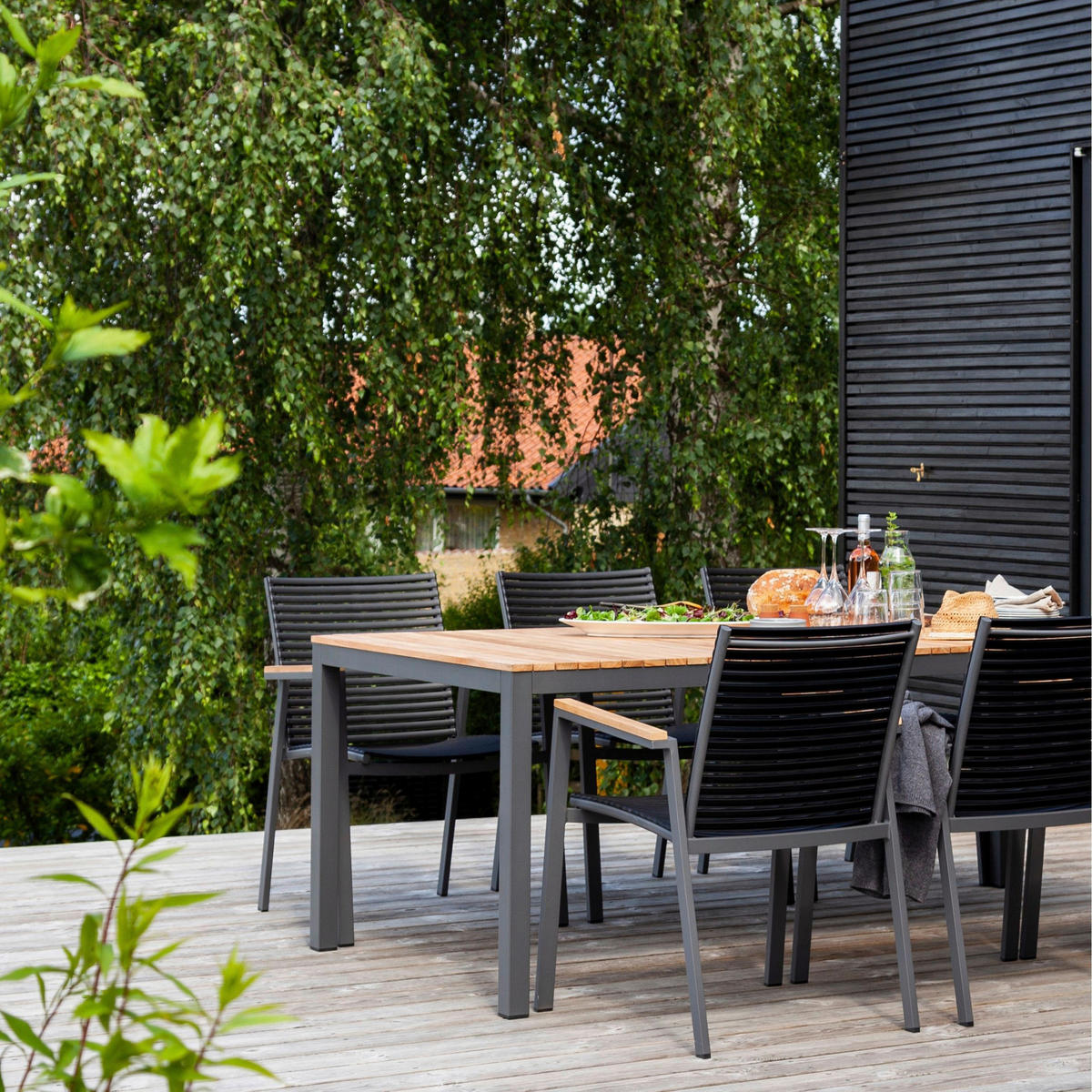 GARTENTISCHGRUPPE Teakholzvollmassiv  - Anthrazit/Schwarz, Natur, Holz/Kunststoff (56,5/84/62cm) - Gardenson