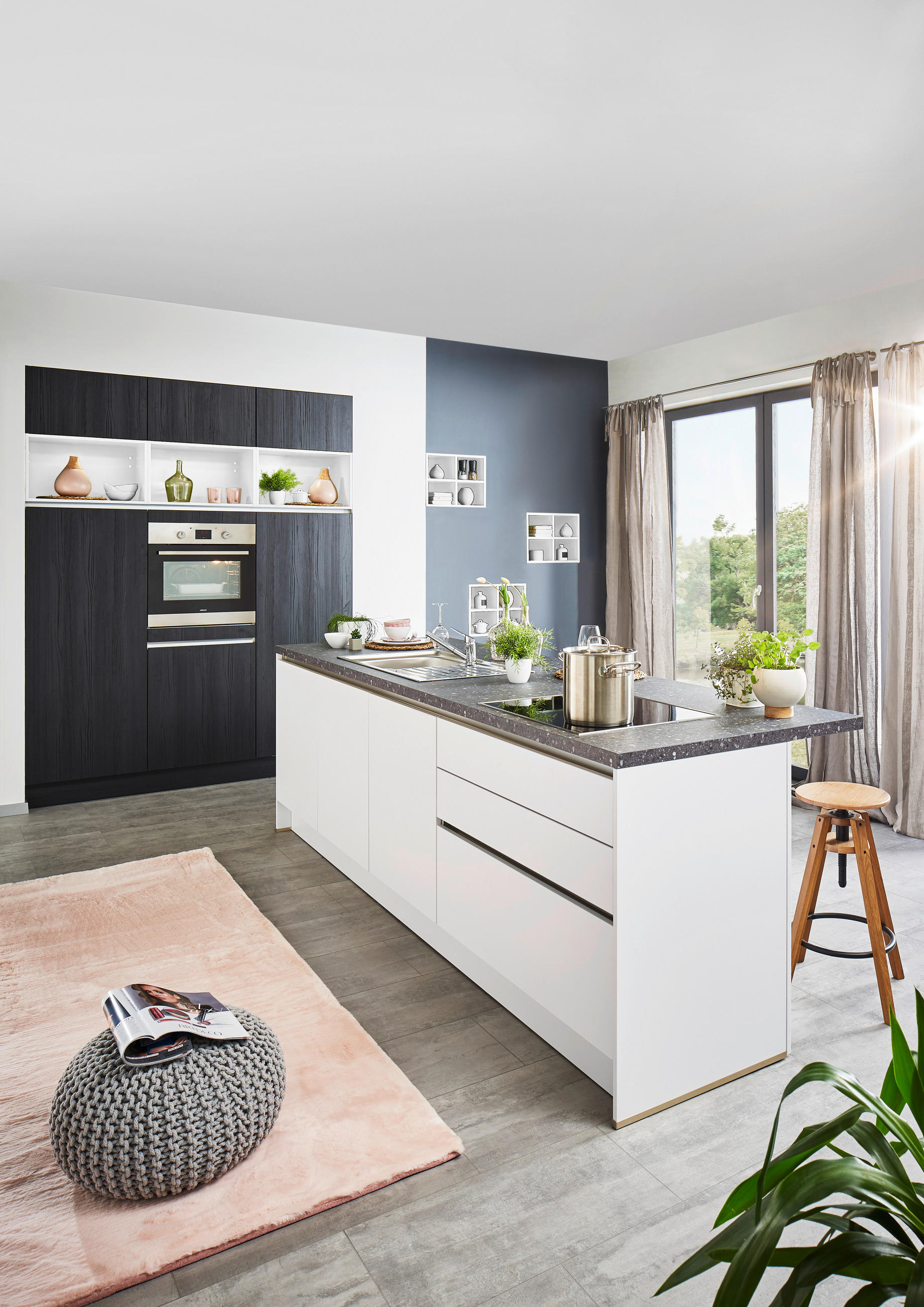 EINBAUKÜCHE UNO  - Eichefarben/Schwarz, Design, Holzwerkstoff - Moderano