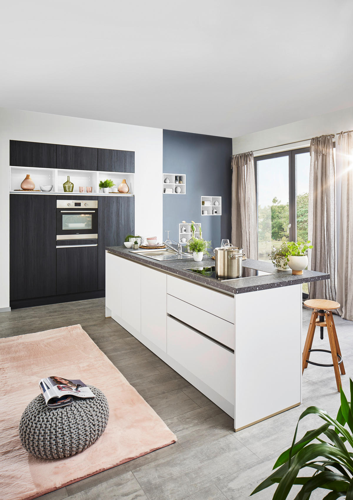 EINBAUKÜCHE UNO  - Eichefarben/Schwarz, Design, Holzwerkstoff - Moderano