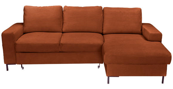 ECKSOFA Rostfarben Cord Rückenkissen, Bettkasten, Schlaffunktion, Rücken echt, Liegefläche im Originalstoff  - Rostfarben/Schwarz, KONVENTIONELL, Textil/Metall (240/150cm) - Carryhome