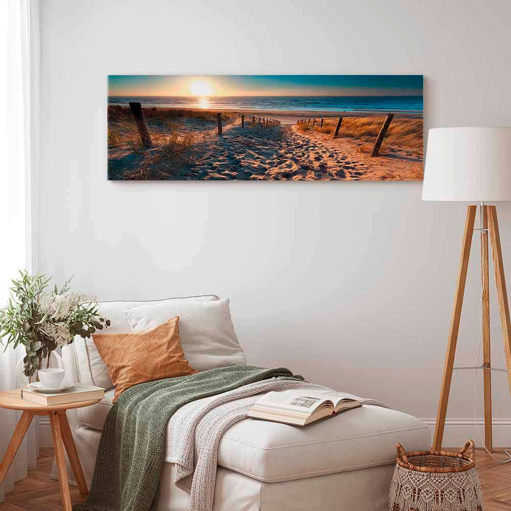KEILRAHMENBILD Landschaft & Natur, Sonnenuntergang, Strand & Meer 120/40/1.2 cm  - Sandfarben/Blau, Basics, Holz/Textil (120/40/1.2cm) - artgeist