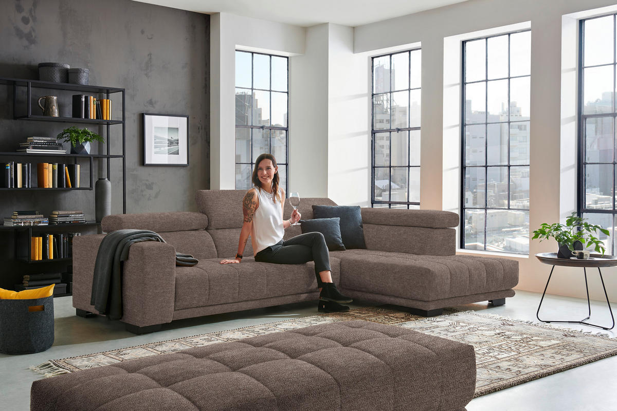 ECKSOFA in Mikrofaser Hellbraun  - Hellbraun/Schwarz, Design, Textil/Metall (301/207cm) - Xora