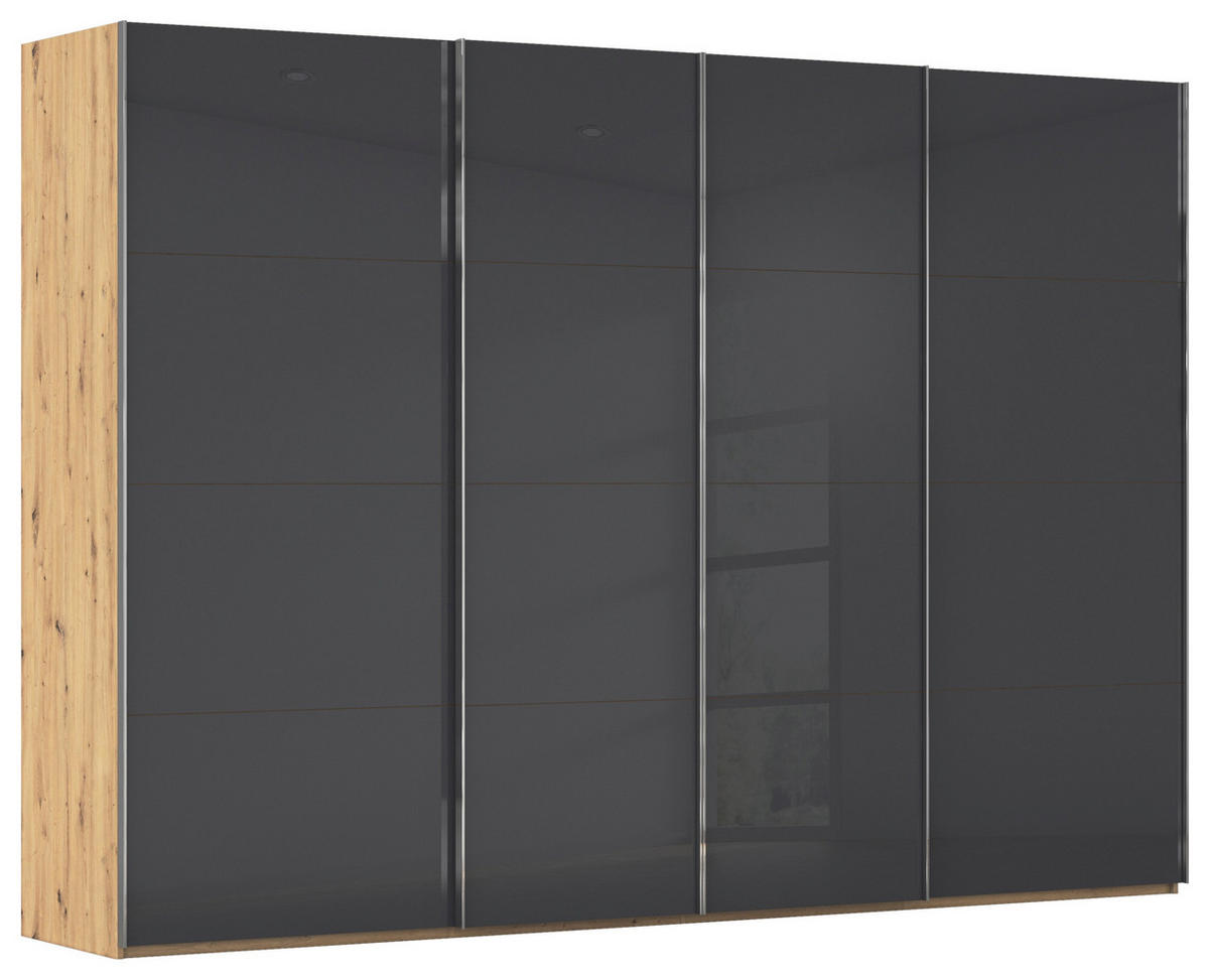 SCHWEBETÜRENSCHRANK 316/223/68 cm 4-türig Grau, Eiche Artisan  - Chromfarben/Eiche Artisan, Design, Glas/Holzwerkstoff (316/223/68cm) - Novel