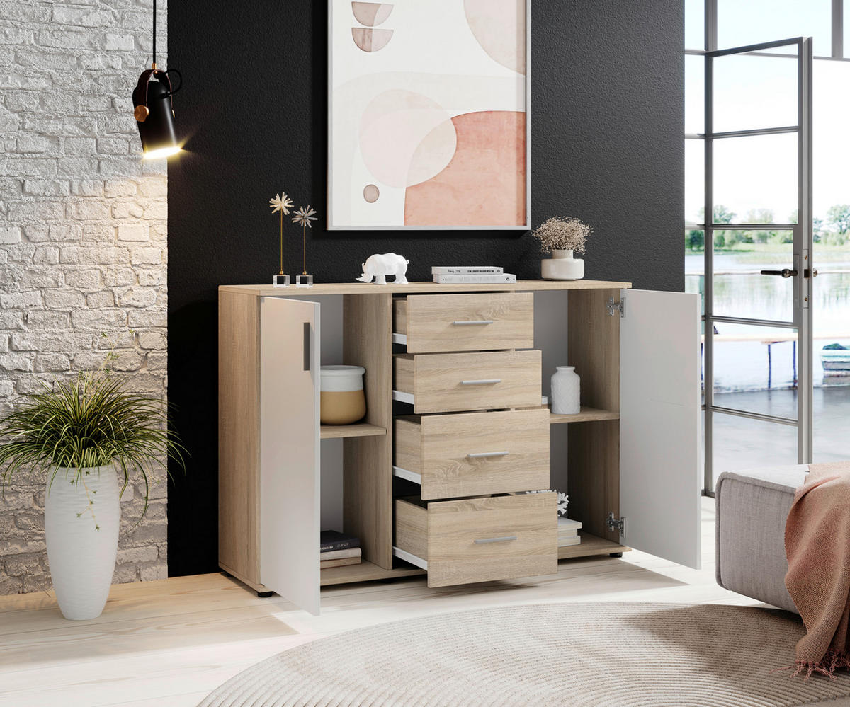 KOMMODE 120/82/35 cm  in Weiß, Sonoma Eiche  - Silberfarben/Schwarz, Design, Holzwerkstoff/Kunststoff (120/82/35cm) - Carryhome