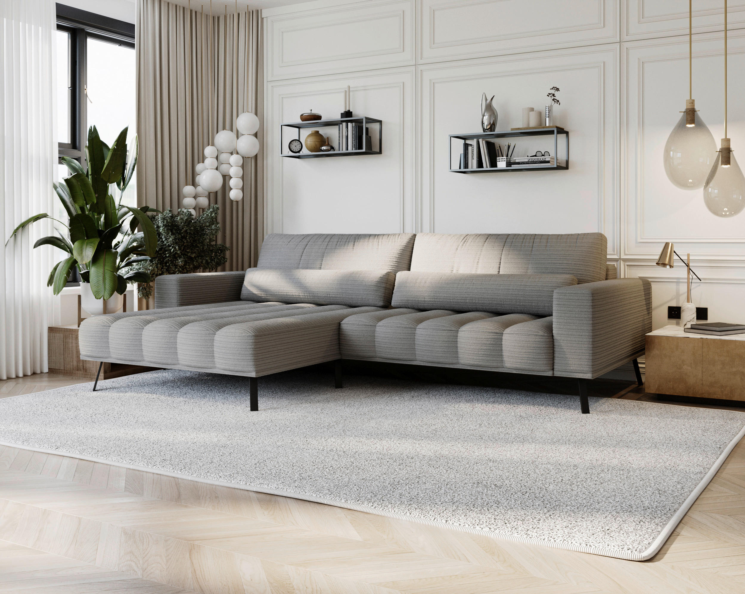 ECKSOFA Grau Cord  - Schwarz/Grau, Design, Textil/Metall (204/291cm) - Lomoco