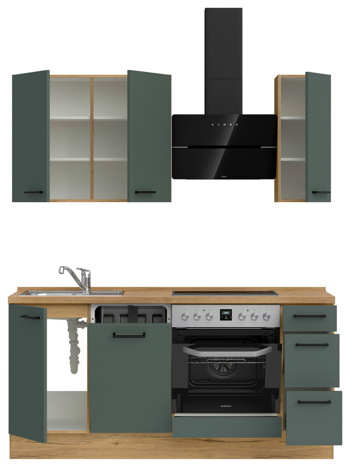 KÜCHENBLOCK Easytouch 180 cm  in Eichefarben, Dunkelgrün  - Dunkelgrün/Eichefarben, MODERN, Holzwerkstoff/Metall (180cm) - Nobilia