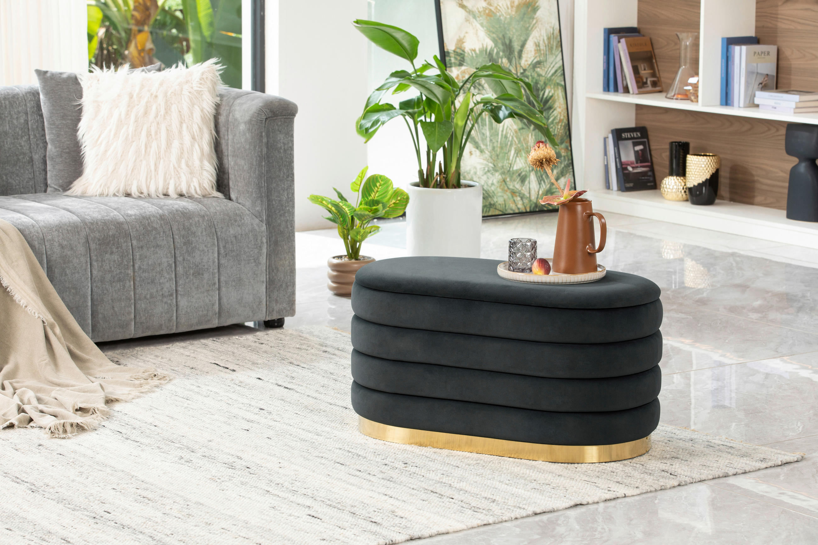 Thumbnail - Mid.you Hocker, Dunkelgrau, Metall, Textil, oval, 80x42x42 cm, Stauraum, Wohnzimmer, Hocker, Sitzhocker