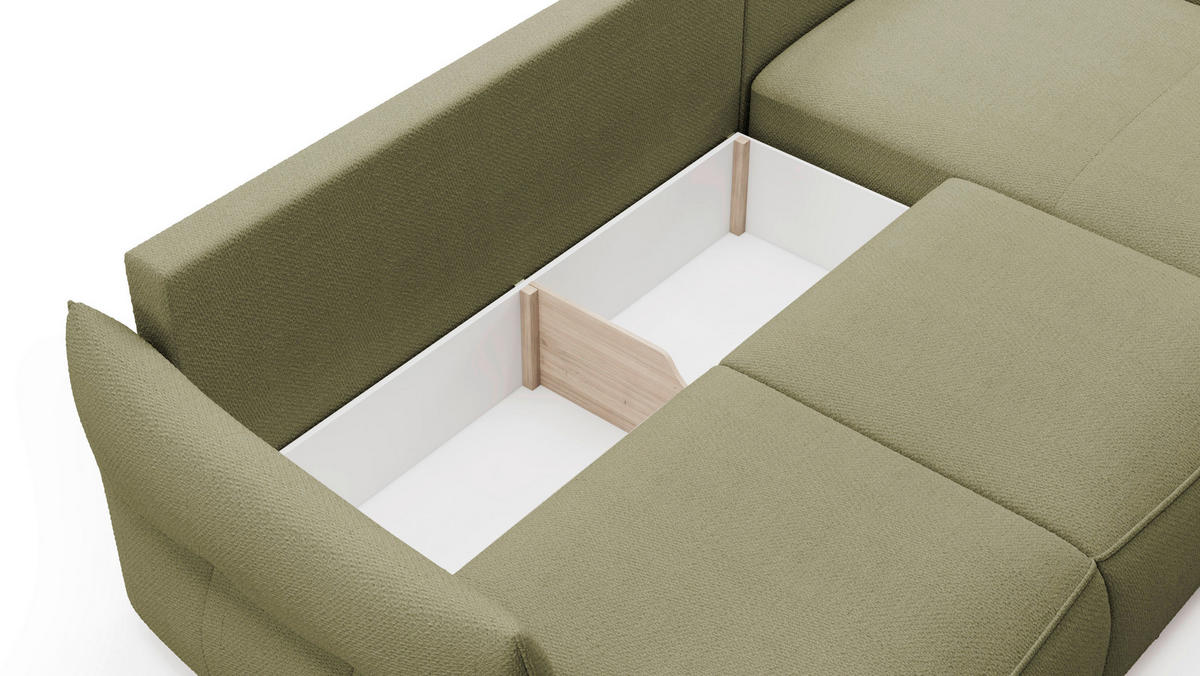 ECKSOFA Olivgrün Webstoff Rückenkissen, Bettkasten, Schlaffunktion, Rücken echt, Liegefläche im Originalstoff  - Schwarz/Olivgrün, KONVENTIONELL, Kunststoff/Textil (306/179cm) - Milino