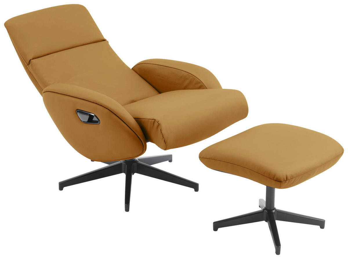 RELAXAČNÍ KŘESLO S TABURETEM, textil, kůže, žlutá - černá/žlutá, Design, kov/textil (77/107/75cm) - Livetastic