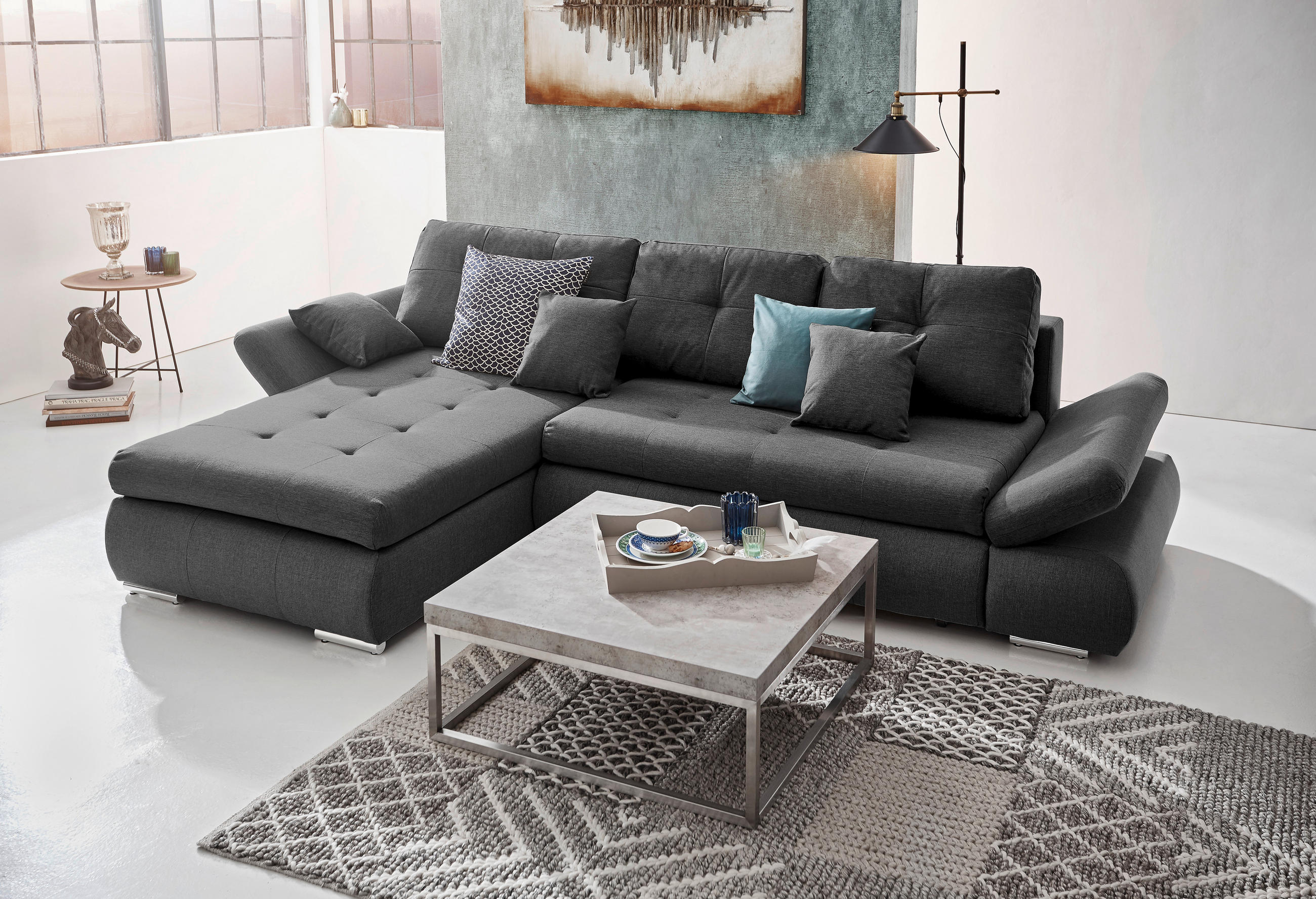 ECKSOFA in Webstoff Grau  - Chromfarben/Grau, Design, Kunststoff/Textil (302/187cm) - Carryhome