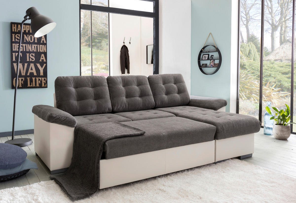 ECKSCHLAFSOFA Creme, Dunkelgrau Mikrofaser  - Dunkelgrau/Creme, MODERN, Kunststoff/Textil (232/148cm) - MID.YOU