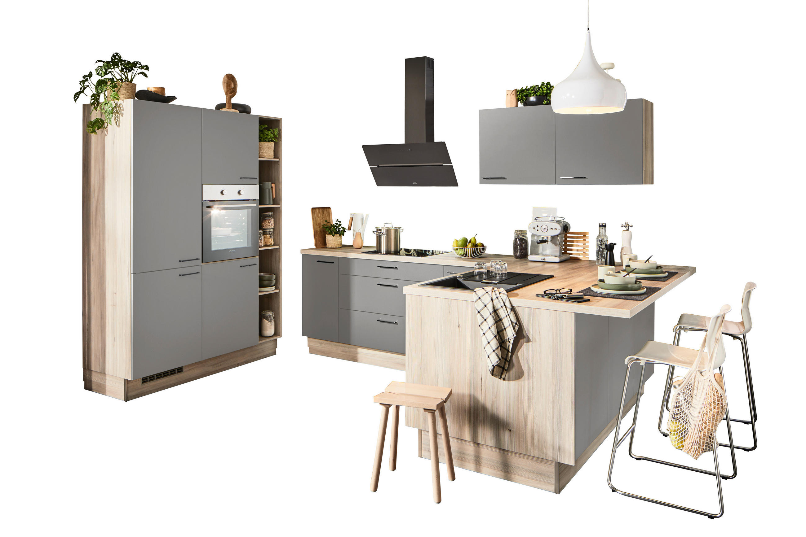 ECKKÜCHE  in Grau, Tannenholzfarben  - Tannenholzfarben/Schwarz, Design, Holzwerkstoff/Metall (150/280/121,6cm) - Xora