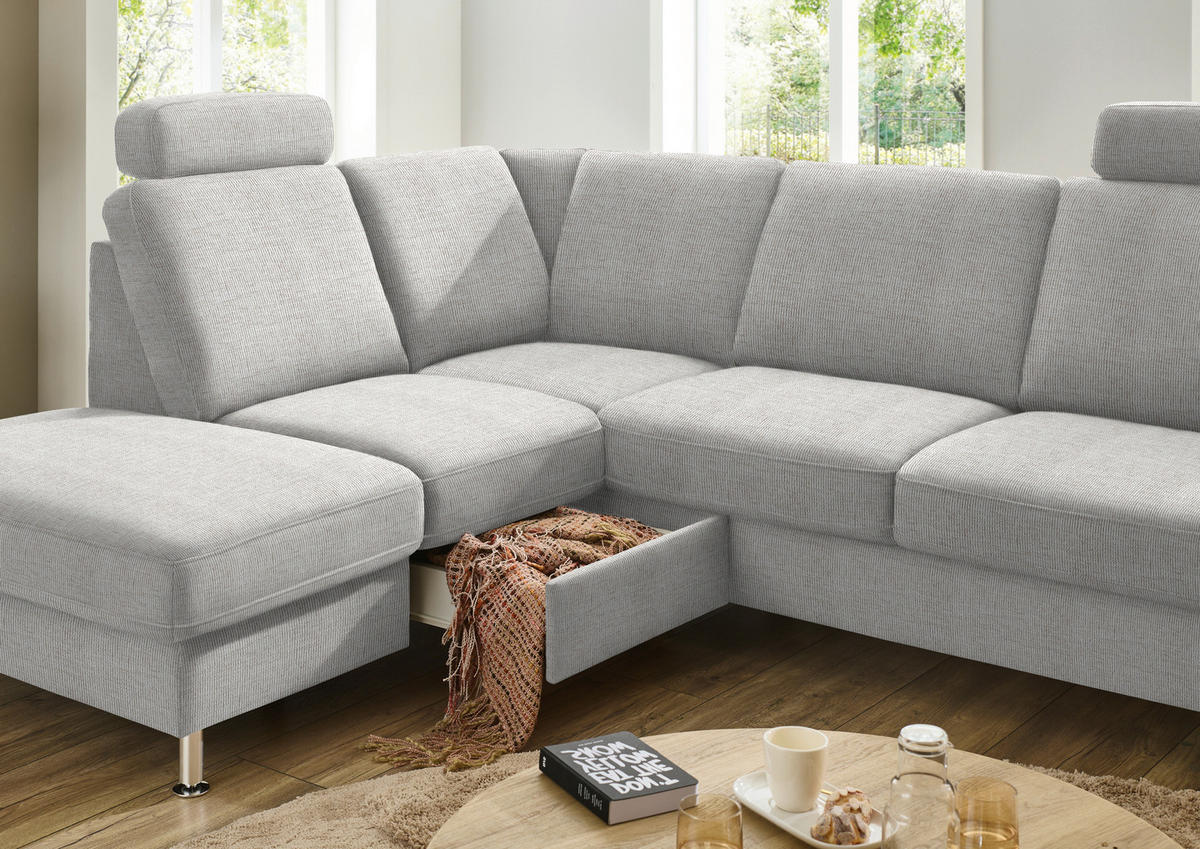 ECKSOFA in Webstoff Creme  - Creme/Alufarben, Konventionell, Textil/Metall (200/241cm) - Beldomo System