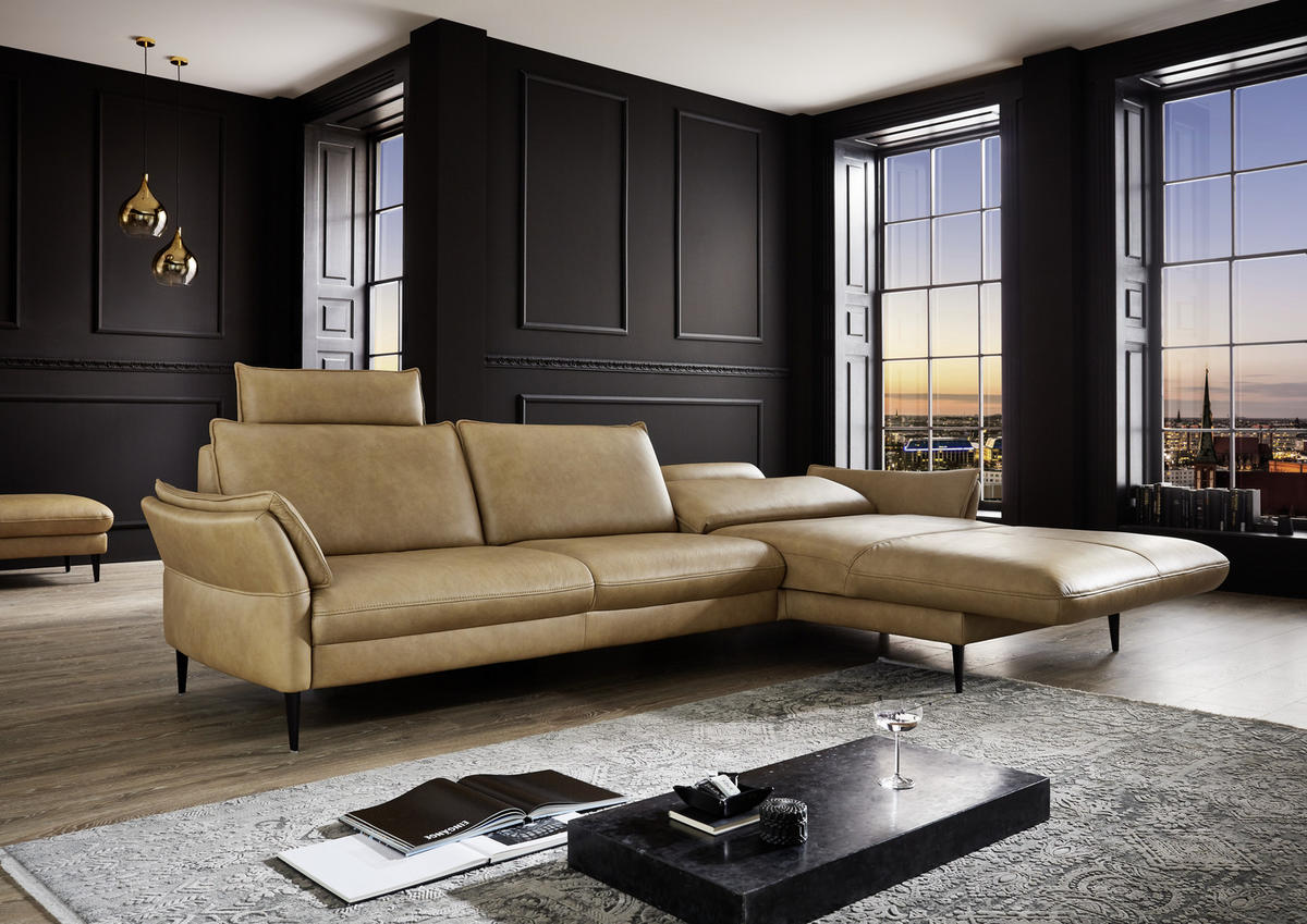 ECKSOFA in Echtleder Dunkelgelb  - Dunkelgelb/Schwarz, Design, Leder/Metall (334/172cm) - Valdera