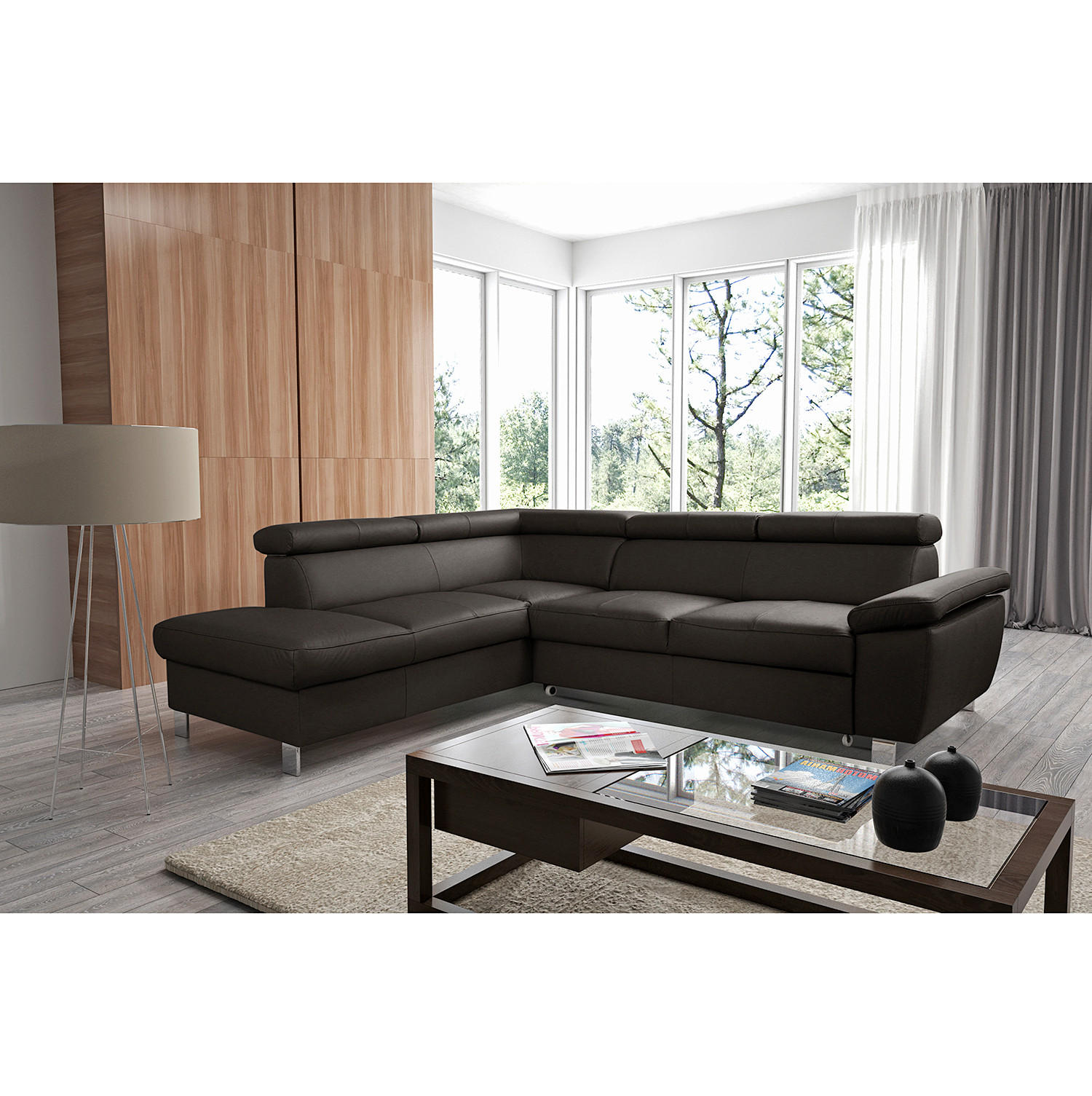 ECKSOFA Dunkelbraun Echtleder Lederlook  - Chromfarben/Dunkelbraun, Design, Leder/Textil (208/248cm) - Livetastic