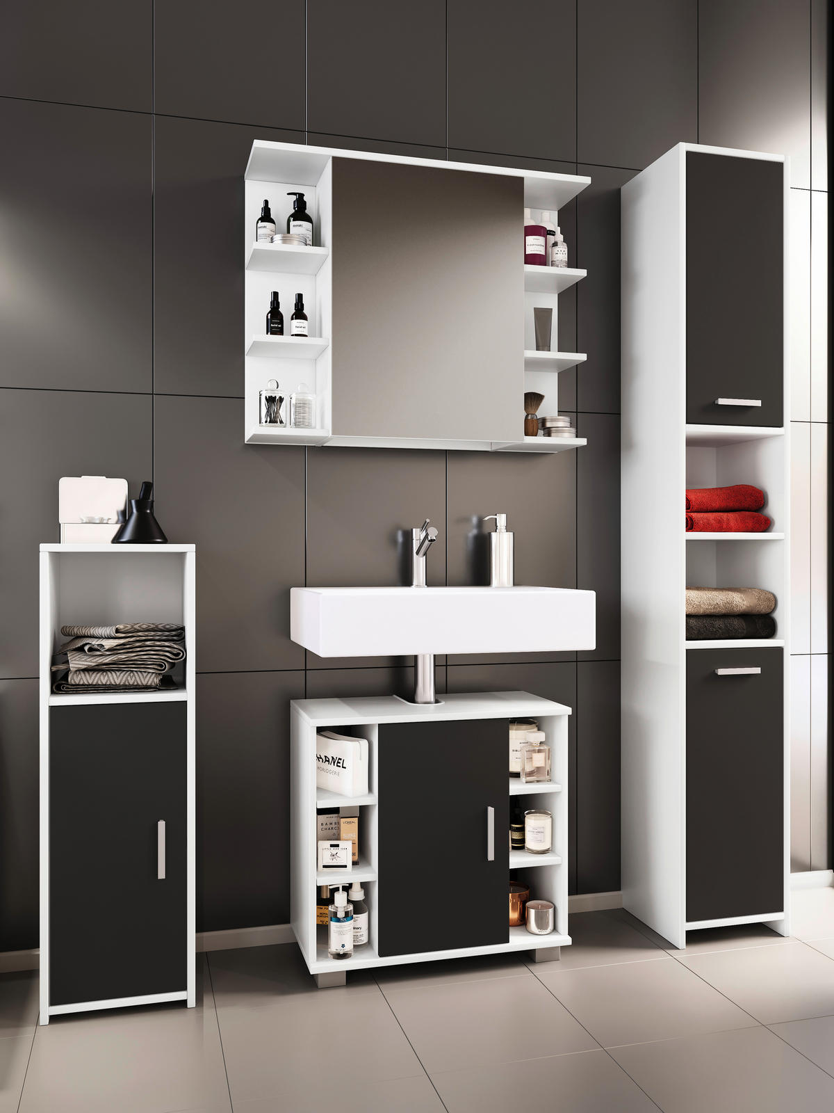 BADEZIMMER 4-teilig  in 120 cm  - Schwarz/Weiß, MODERN, Holzwerkstoff (120cm) - MID.YOU