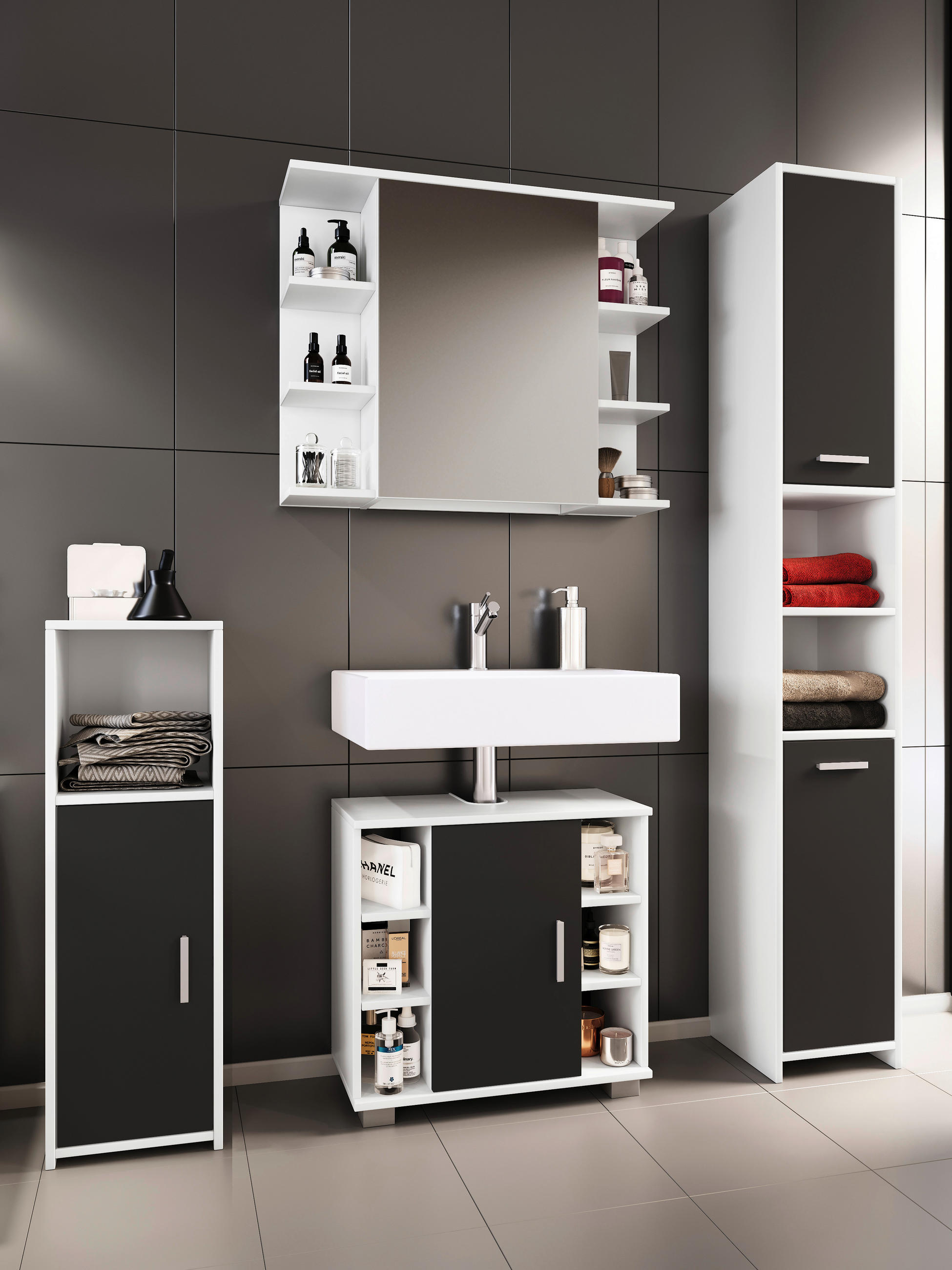 Thumbnail - Mid.you Badezimmer VCM Zalo M, Schwarz, Weiß, Holzwerkstoff, 4-teilig, 120 cm, stehend, Spiegel mit Ablage, Badezimmer, ...