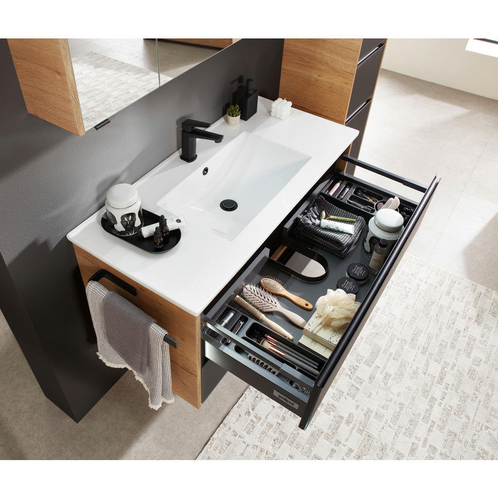 Thumbnail - Sadena Waschtischkombi Palermo, Schwarz, Eiche, Weiß Hochglanz, Metall, 2 Schublade(n) Schubladen, 101 cm, hängend, Bade...
