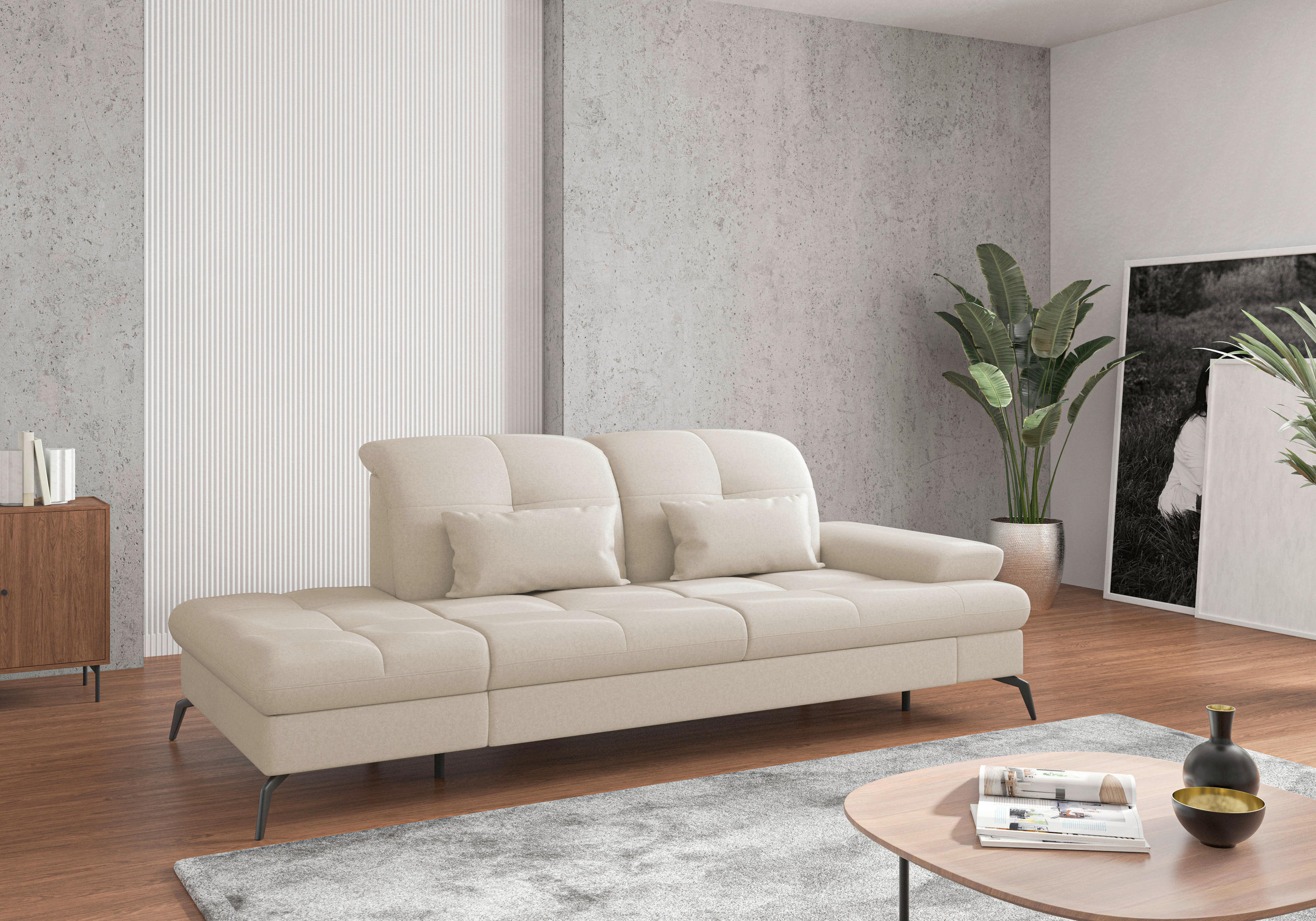 RÉCAMIERE Creme Flachgewebe  inkl. Armteilverstellung, Sitztiefenverstellung  - Creme/Schwarz, KONVENTIONELL, Textil/Metall (231/90/122cm) - Sit & More