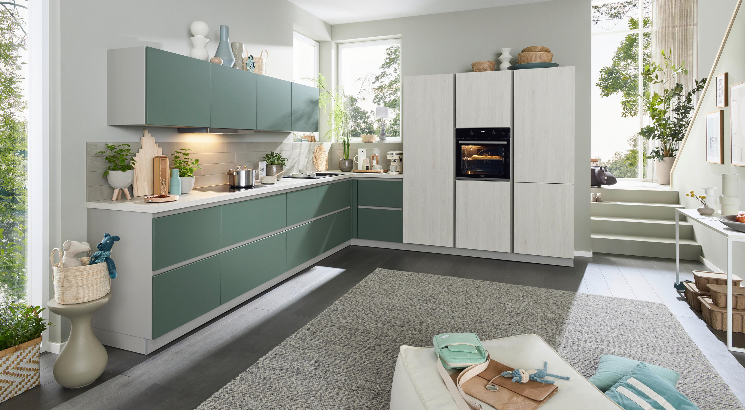 EINBAUKÜCHE   - Eiche Bianco/Grün, Design, Holzwerkstoff - Novel
