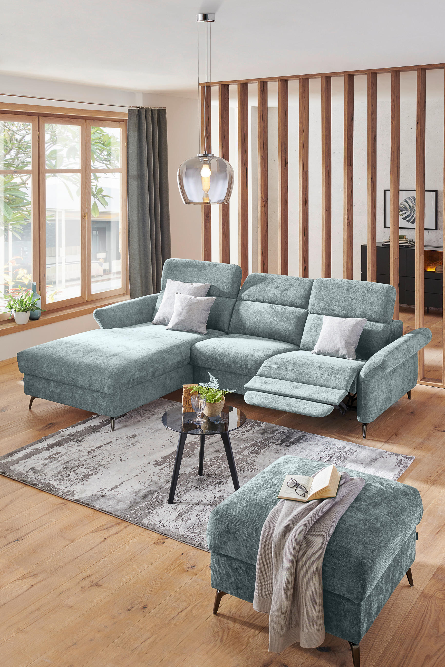 ECKSOFA Türkis Webstoff  - Türkis/Schwarz, Natur, Textil/Metall (199/285cm) - Valnatura