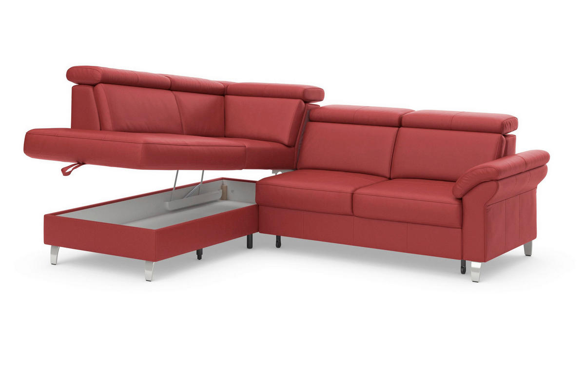 ECKSOFA ARNGAST E Rot Kombination Echtleder/Stoff Mikrofaser Bettkasten, Kopfteilverstellung  - Chromfarben/Rot, Basics, Leder/Textil (194/245cm) - Sit & More