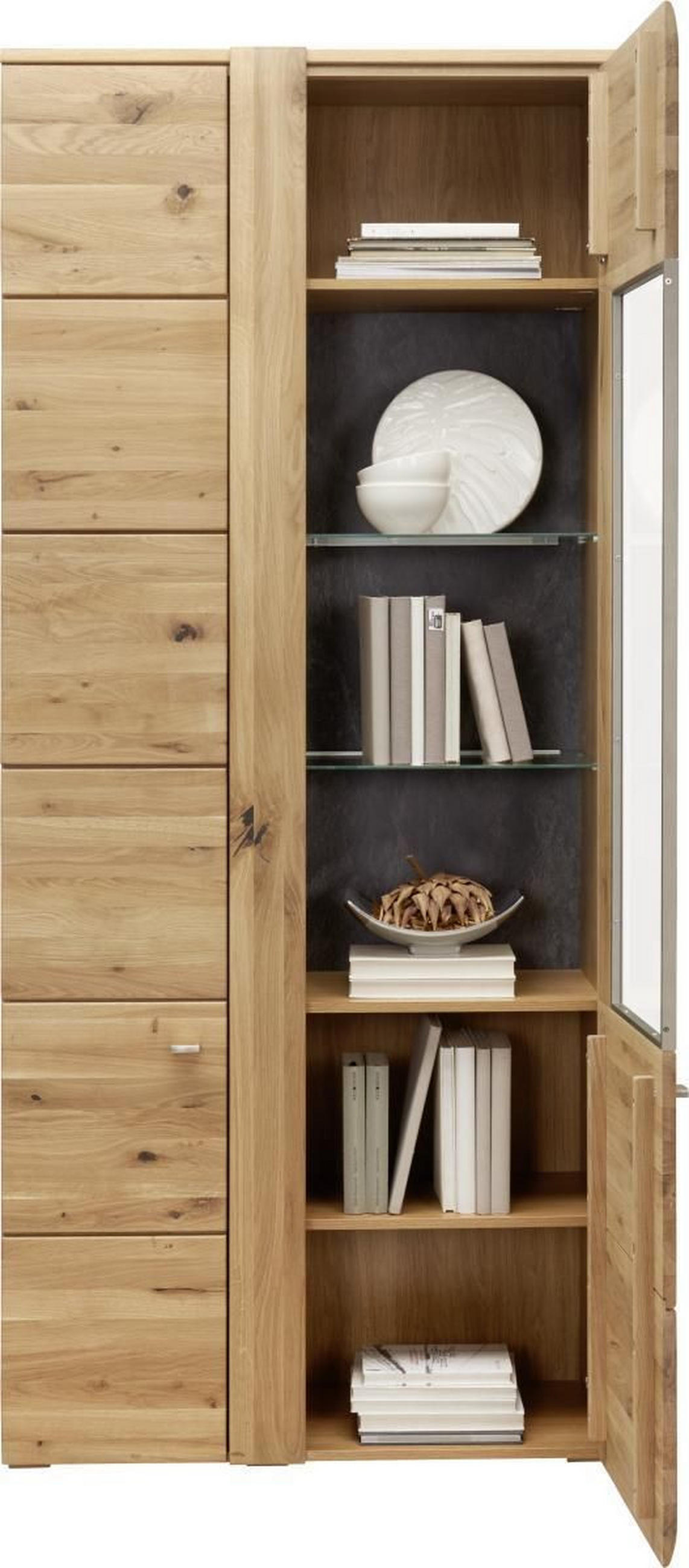 VITRINE in furniert, massiv Eiche Eichefarben, Schieferfarben  - Schieferfarben/Eichefarben, KONVENTIONELL, Glas/Holz (89/205/38cm) - Voleo