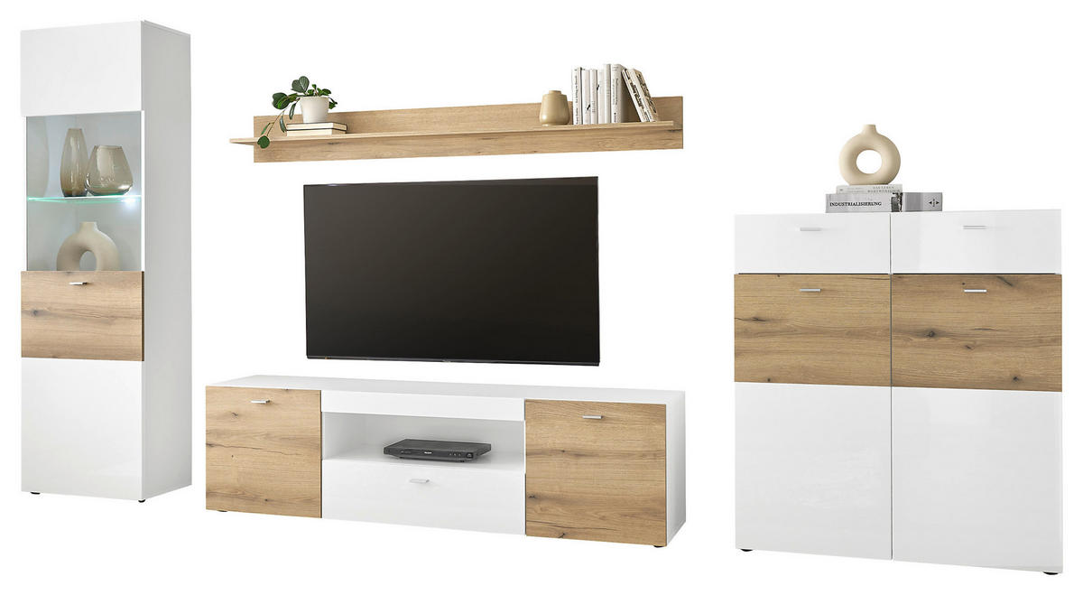 REGAL ZA DNEVNI BORAVAK bijela, boje hrasta, bijela visoki sjaj   - bijela/srebrne boje, Design, staklo/drvni materijal (310/195/40cm) - Carryhome