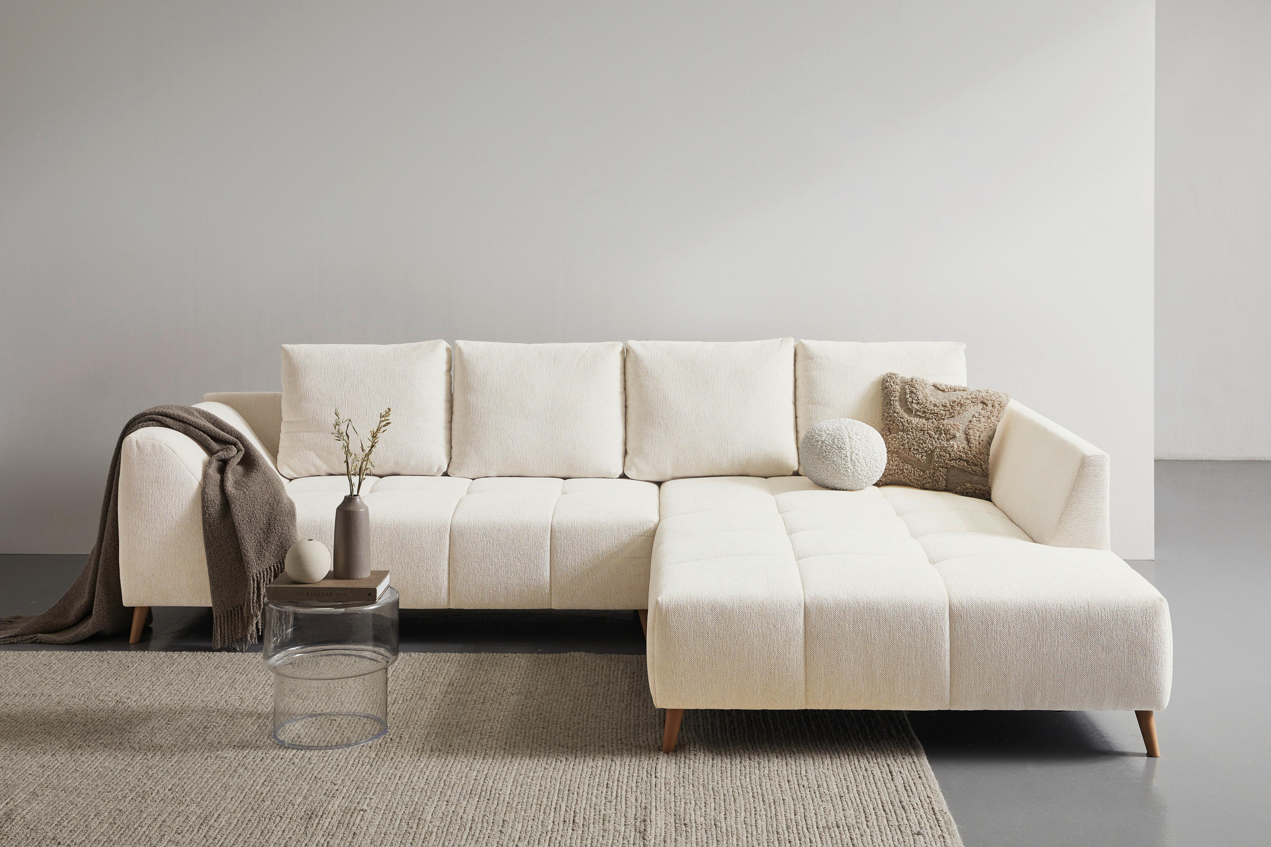 ECKSOFA Creme Flachgewebe  - Buchefarben/Creme, KONVENTIONELL, Holz/Textil (306/202cm) - Carryhome