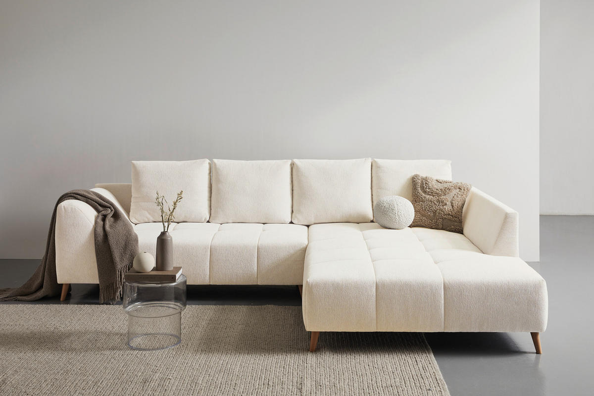ECKSOFA in Flachgewebe Creme  306/202 cm  - Buchefarben/Creme, KONVENTIONELL, Holz/Textil (306/202cm) - Carryhome
