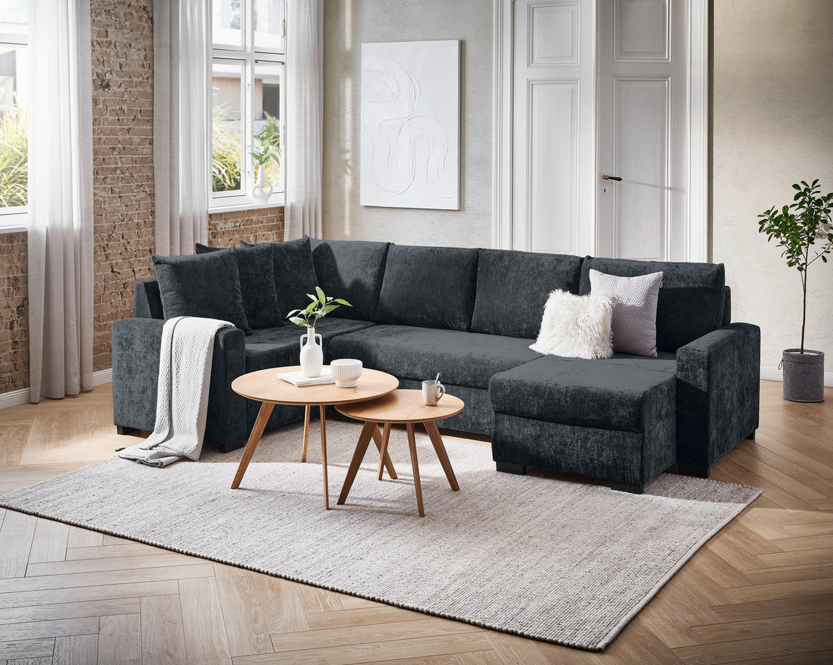 WOHNLANDSCHAFT Dunkelgrau Chenille  - Dunkelgrau/Schwarz, KONVENTIONELL, Kunststoff/Textil (183/311/140cm) - Ti'me