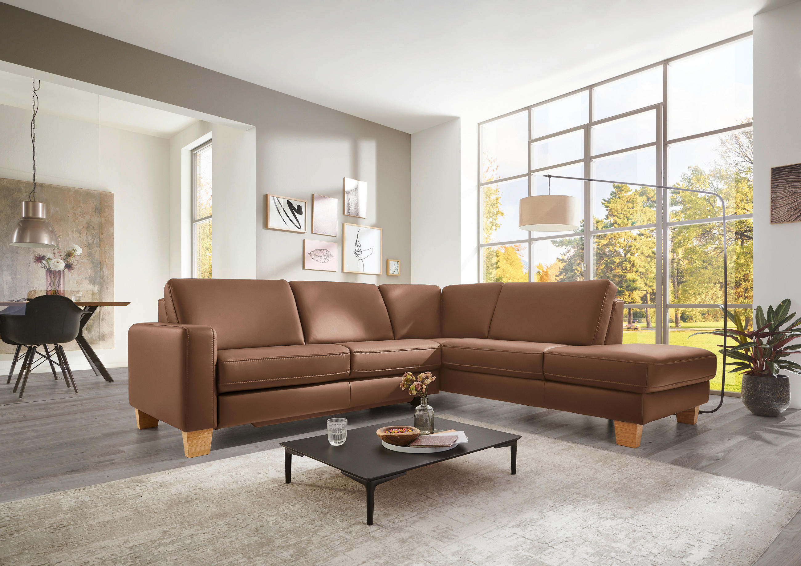 ECKSOFA in Echtleder Braun  - Eiche Bianco/Braun, Natur, Leder/Holz (257/235cm) - Valdera