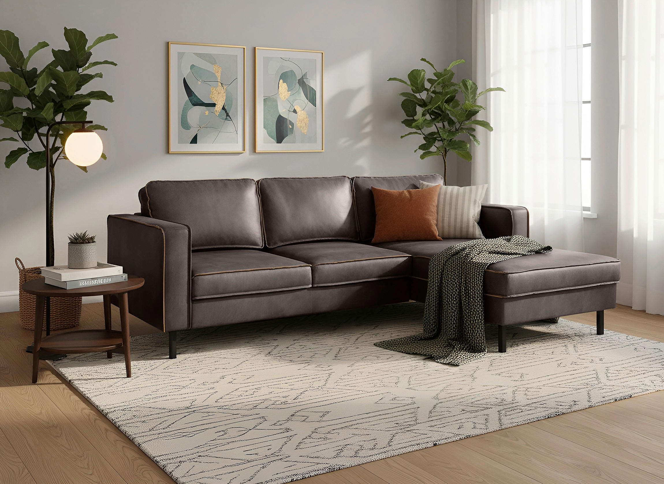 ECKSCHLAFSOFA WATKINS Dunkelgrau Echtleder Lederlook, Mikrofaser  - Dunkelgrau/Schwarz, MODERN, Leder/Textil (232/161cm) - Trendmanufaktur