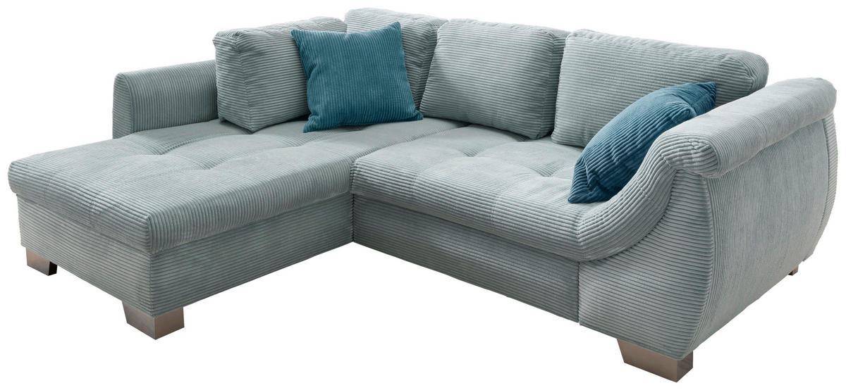 ECKSOFA Blau Cord Zierkissen, Schlaffunktion, Rücken echt, Liegefläche im Originalstoff  - Blau/Silberfarben, Design, Holz/Textil (190/250cm) - MID.YOU