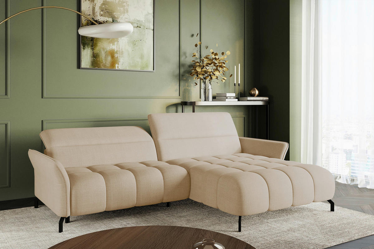 ECKSOFA Beige Flachgewebe Rücken echt, Kopfteilverstellung, Sitztiefenverstellung  - Beige/Schwarz, KONVENTIONELL, Textil/Metall (272/175cm) - Carryhome
