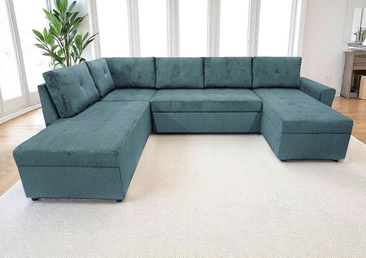 WOHNLANDSCHAFT TERMOLI in Cord Hellblau  - Schwarz/Hellblau, Design, Kunststoff/Textil (212/297/155cm) - MID.YOU