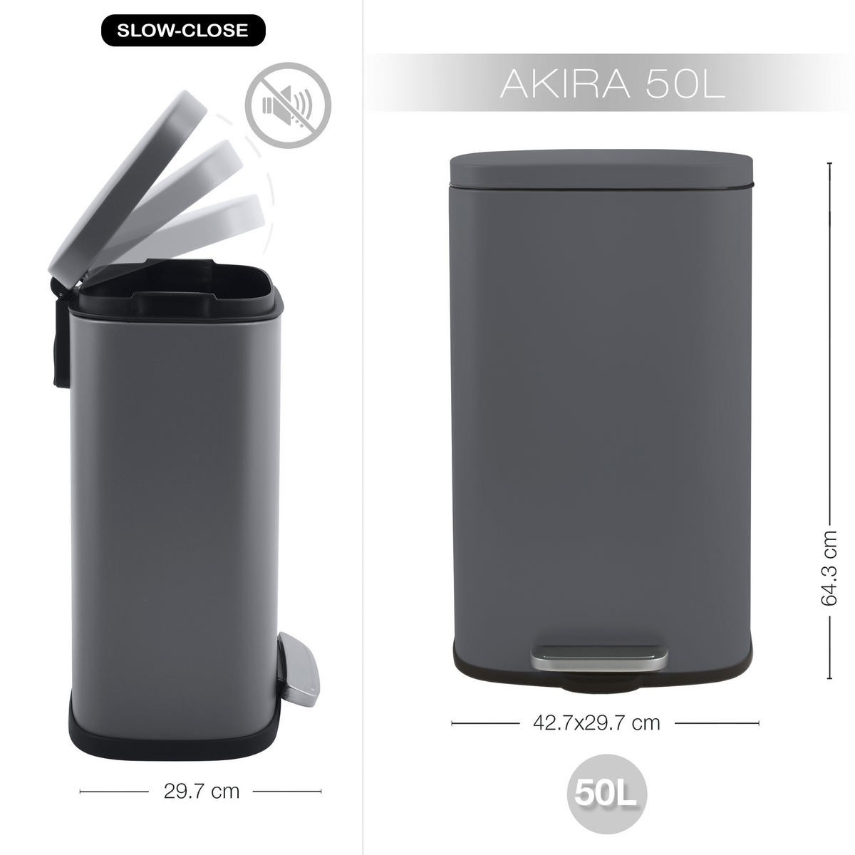 TRETEIMER 50 L  - Dunkelgrau/Schwarz, Basics, Kunststoff/Metall (42,7/29,7/64,3cm) - Spirella