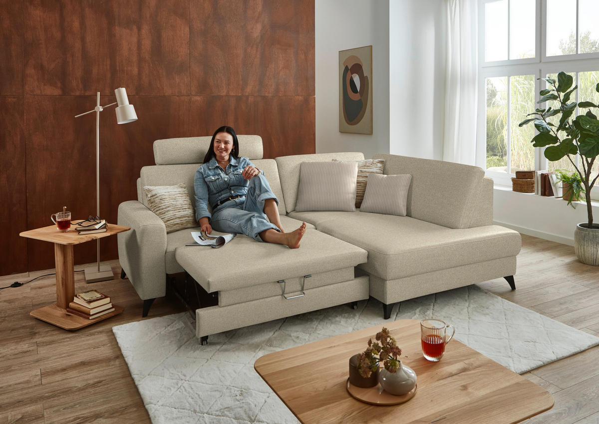 ECKSOFA  Chenille Sandfarben  - Sandfarben/Schwarz, Design, Textil/Metall (239/182cm) - Beldomo Comfort
